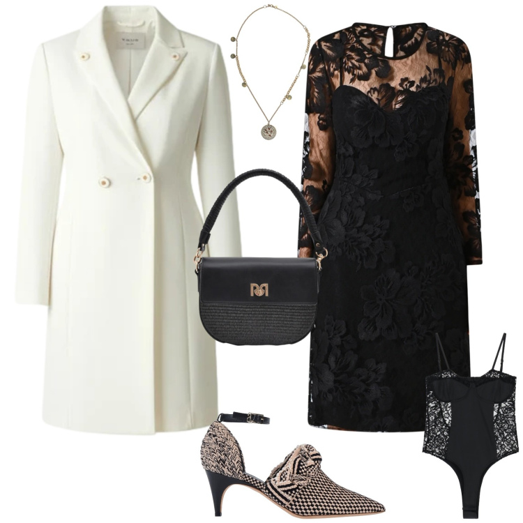 Outfit donna - Chic serata evento speciale. Stile Chic per Serata fuori. Abbinamento con décolleté, body, ciondoli, vestiti a tubino, cappotti, borse a spalla.