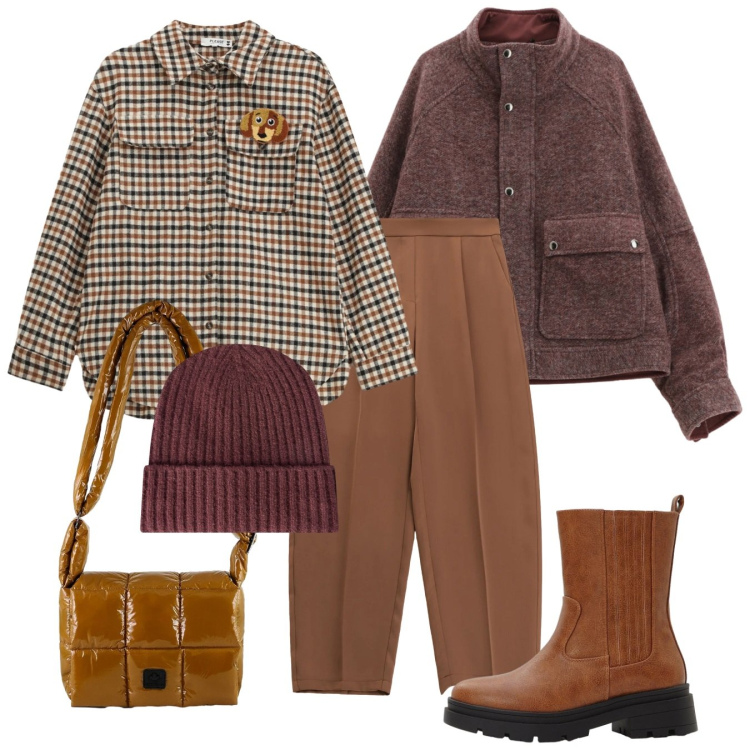 Outfit donna - Weekend al caldo. Stile Casual per Tutti i giorni. Abbinamento con stivaletti chelsea, caban, pantaloni, berretti, camicie, borse a spalla.