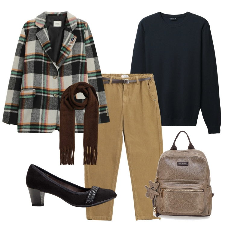 Outfit donna - Gran tartan. Stile Trendy per Tutti i giorni. Abbinamento con décolleté, blazer, pullovers, sciarpe, pantaloni chino, zaini.