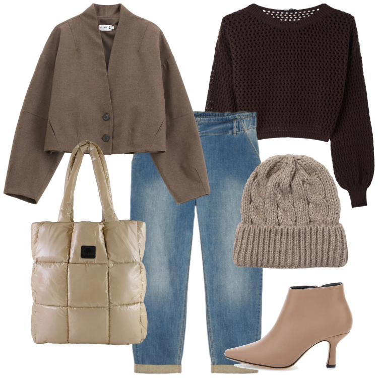 Outfit donna - Classe in jeans. Stile Casual chic per Tutti i giorni. Abbinamento con berretti, maglieria, blazer, shopping bag, stivaletti, jeans.