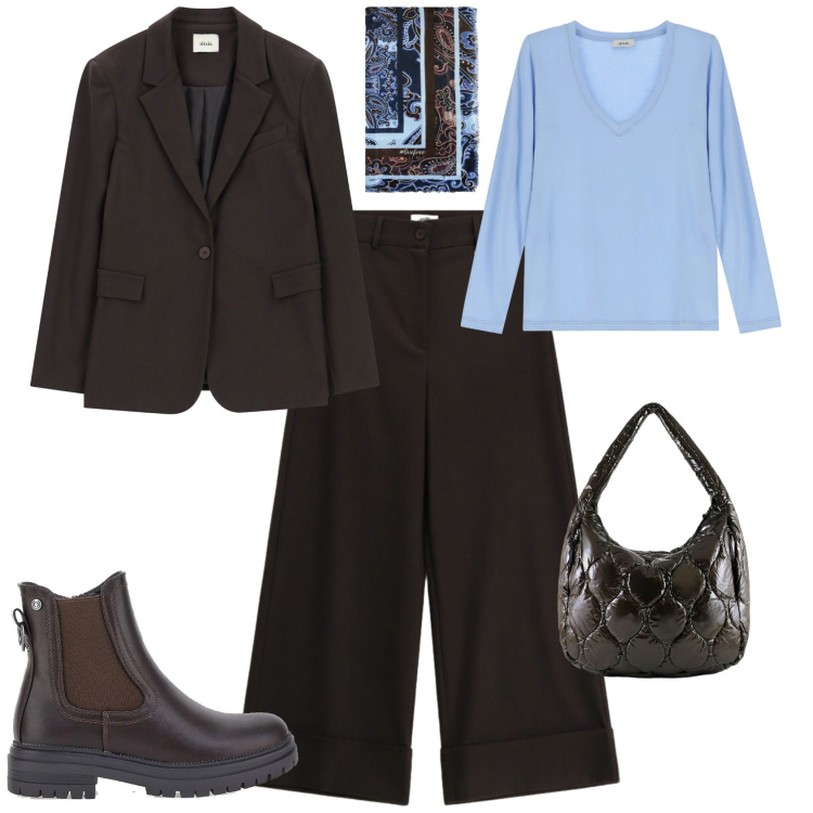 Outfit donna - Trendy per l ufficio. Stile Trendy per Ufficio. Abbinamento con blazer, t-shirt, pantaloni a palazzo, borse tote, stivaletti chelsea, foulard.