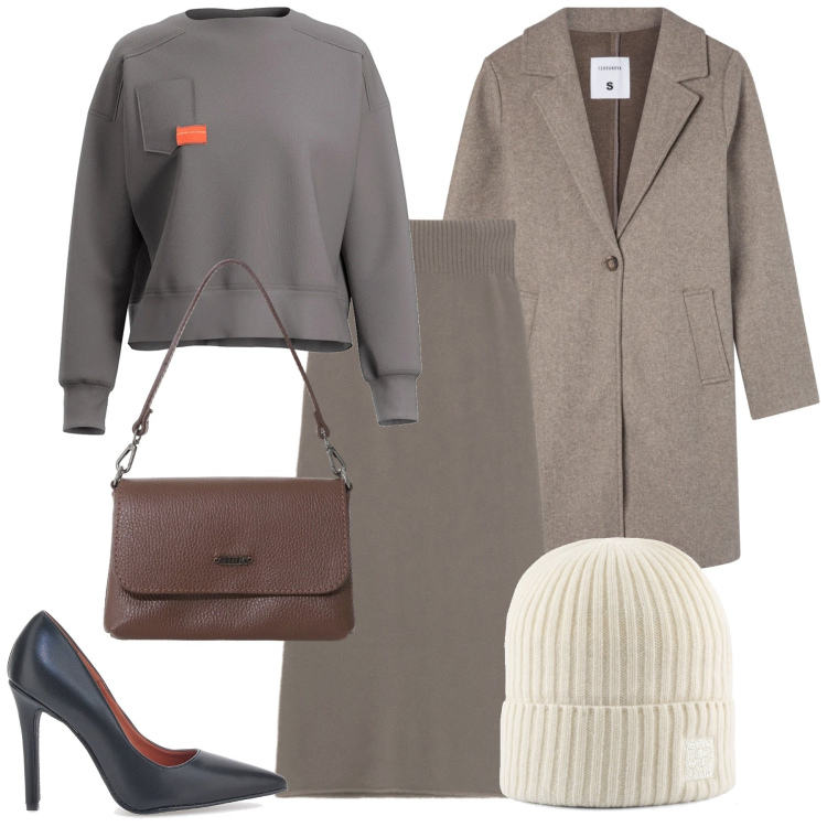 Outfit donna - Neutri. Stile Bon Ton per Tutti i giorni. Abbinamento con gonne lunghe, borse a tracolla, cappotti, décolleté, berretti, felpe.
