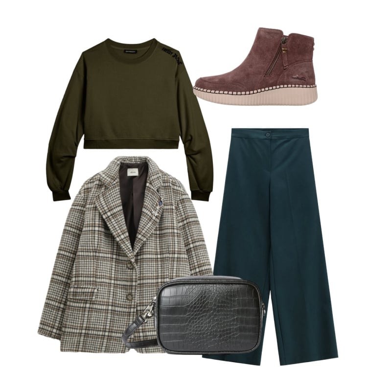 Outfit donna - Total look. Stile Bon Ton per Tutti i giorni. Abbinamento con pantaloni a palazzo, blazer, felpe, stivaletti, borse a tracolla.