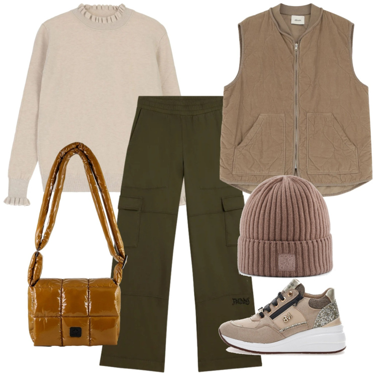 Outfit donna - Dinamicamente. Stile Basic per Tutti i giorni. Abbinamento con maglieria, gilet, pantaloni cargo, borse a spalla, berretti, sneakers alte.