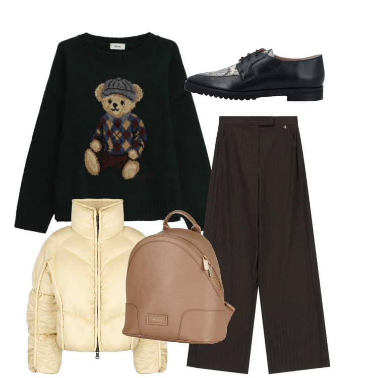 Outfit donna - Total look. Stile Basic per Tutti i giorni. Abbinamento con zaini, scarpe stringate, maglieria, pantaloni a palazzo, piumini.