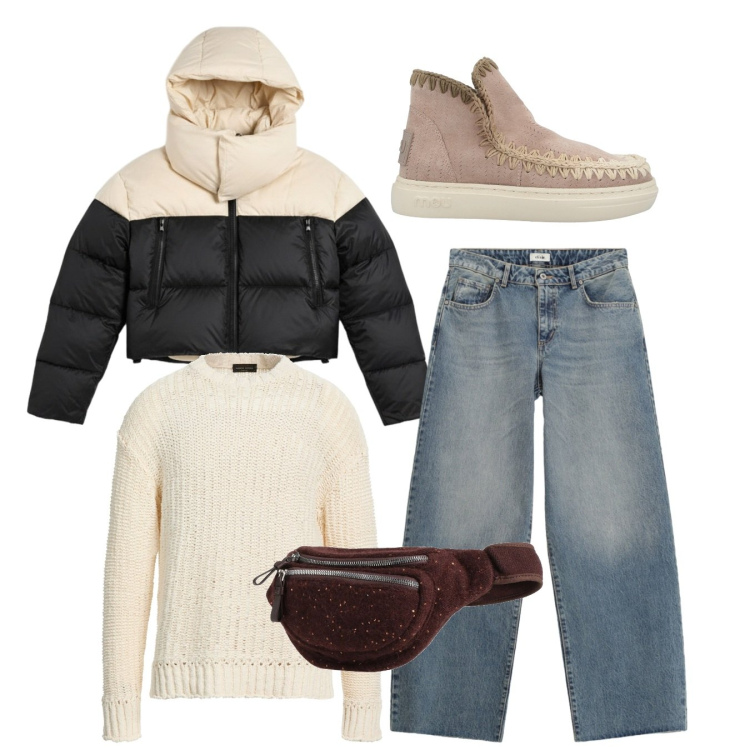 Outfit donna - Basic in città. Stile Basic per Tutti i giorni. Abbinamento con marsupi, pullovers, stivaletti, jeans, piumini.