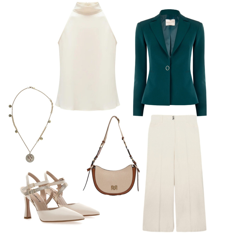 Outfit donna - Teal & Ivory Professional. Stile Trendy per Tutti i giorni. Abbinamento con ciondoli, blazer, borse a tracolla, top, décolleté, pantaloni chino.