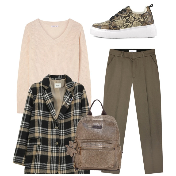 Outfit donna - Total casual. Stile Casual chic per Tutti i giorni. Abbinamento con blazer, pantaloni chino, maglieria, zaini, sneakers.
