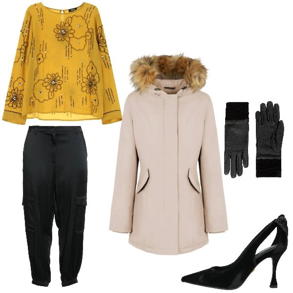 Outfit donna - Total look #2335799. Stile Chic per Serata fuori. Abbinamento con guanti, pantaloni cargo, décolleté, camicie, parka.