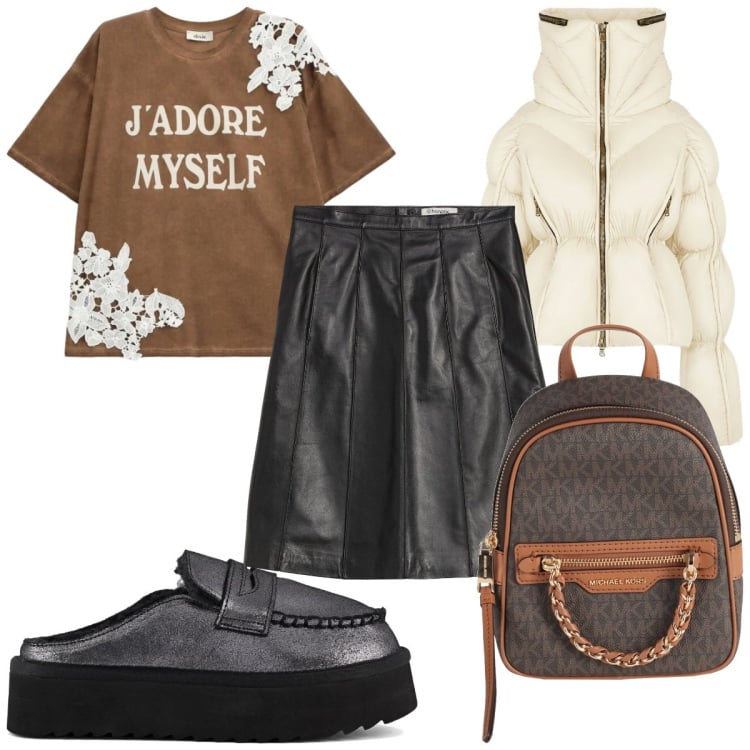 Outfit donna - Total look #2335800. Stile Trendy per Tutti i giorni. Abbinamento con gonne, zaini, t-shirt, piumini, mocassini.