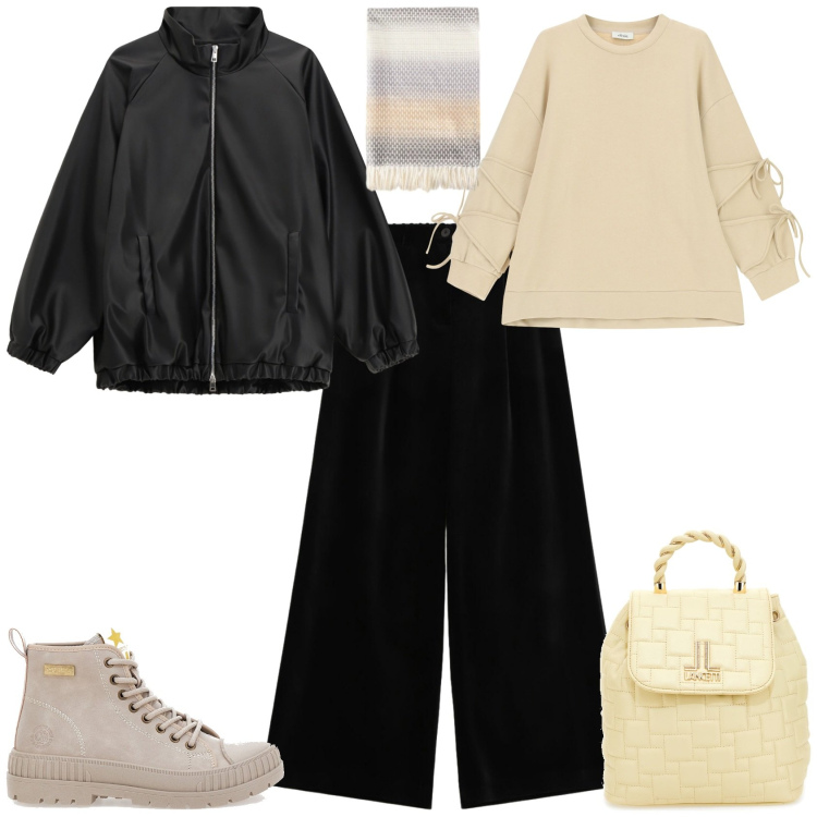 Outfit donna - Sporty chic ogni giorno. Stile Sporty chic per Scuola/Università. Abbinamento con felpe, pantaloni a palazzo, blazer, zaini, anfibi, sciarpe.