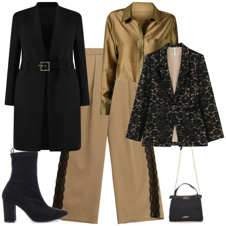 Outfit donna - Chic serata evento speciale. Stile Chic per Serata fuori. Abbinamento con blazer, pantaloni a palazzo, camicie, trench, borse a tracolla, stivaletti.