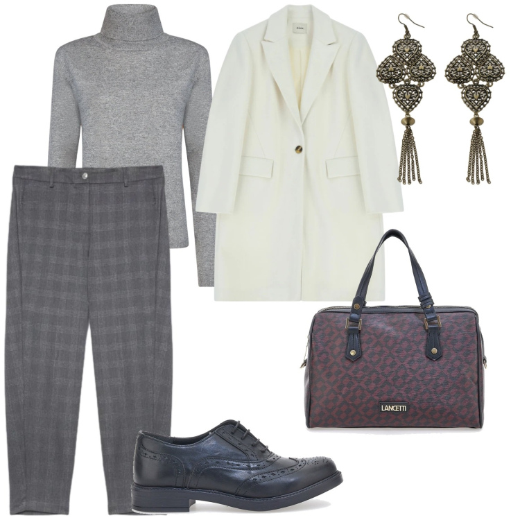Outfit donna - Bianco e grigio. per Tutti i giorni. Abbinamento con orecchini, cappotti, scarpe stringate, maglieria, pantaloni, borse a mano.