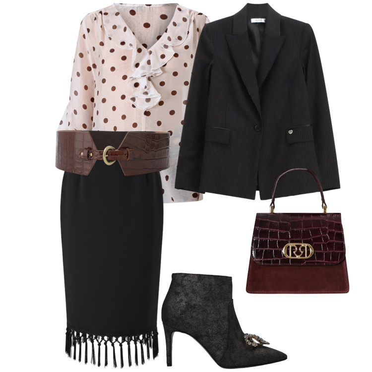 Outfit donna - Cena tra di noi. per Serata fuori. Abbinamento con stivaletti, cinture, bluse, borse a mano, gonne longuette, blazer.