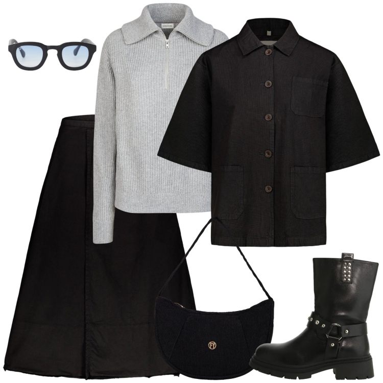 Outfit donna - Un po\' rock. Stile Rock per Scuola/Università. Abbinamento con stivali, occhiali da sole, borse a mano, gonne lunghe, blazer, maglieria.