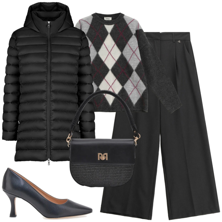 Outfit donna - Febbraio. Stile Urban per Tutti i giorni. Abbinamento con pantaloni a palazzo, maglieria, borse a spalla, piumini, décolleté.