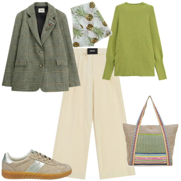 Outfit donna - Casual chic ufficio tempo libero. Stile Casual chic per Ufficio. Abbinamento con maglieria, blazer, pantaloni a palazzo, shopping bag, sneakers, foulard.