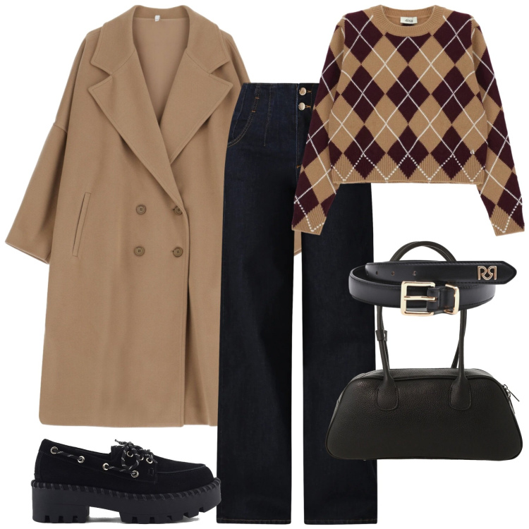 Outfit donna - City. Stile Urban per Tutti i giorni. Abbinamento con cappotti, borse a mano, maglieria, jeans, cinture, mocassini.