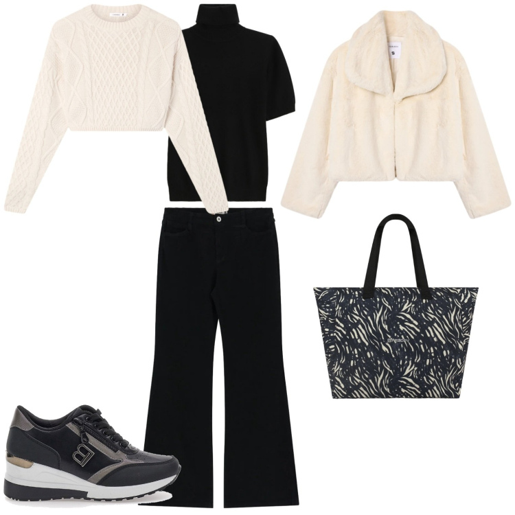 Outfit donna - Total look. Stile Casual per Tutti i giorni. Abbinamento con maglieria, maglieria, ecopellicce, pantaloni, shopping bag, sneakers.