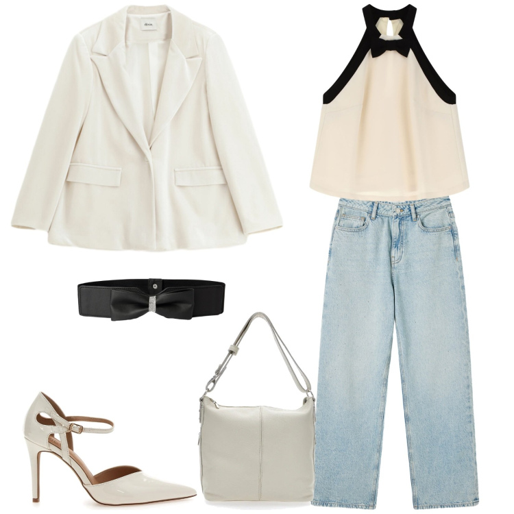 Outfit donna - Aperitivo. Stile Chic per Serata fuori. Abbinamento con top, blazer, cinture, jeans, borse a spalla, décolleté.