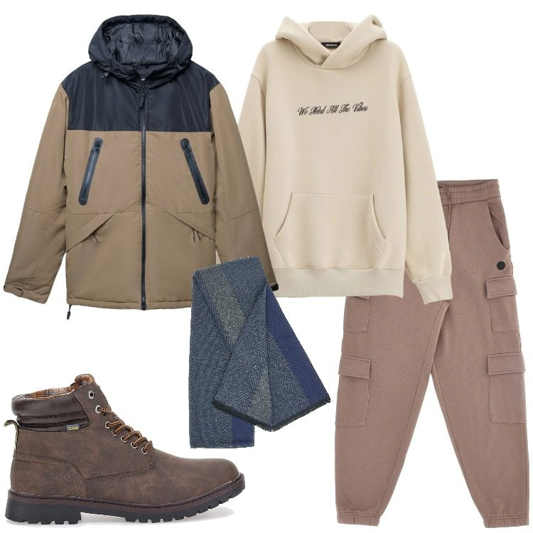 Outfit uomo - Serata informale. Stile Trendy per Serata speciale. Abbinamento con felpe con cappuccio, bomber, anfibi, sciarpe, pantaloni cargo.