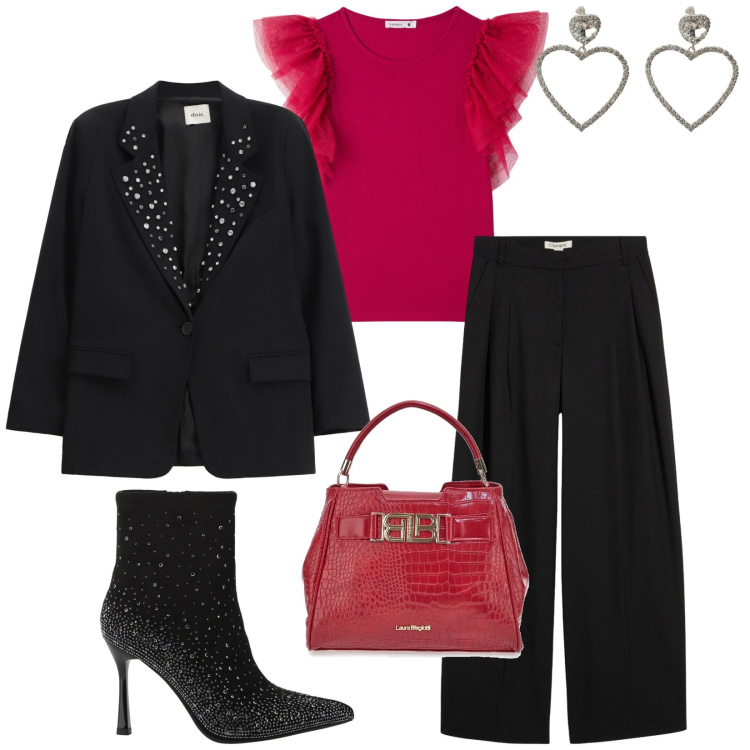 Outfit donna - Cenetta romantica. Stile Glamour per Serata fuori. Abbinamento con pantaloni, stivaletti, blazer, orecchini, t-shirt, borse a mano.