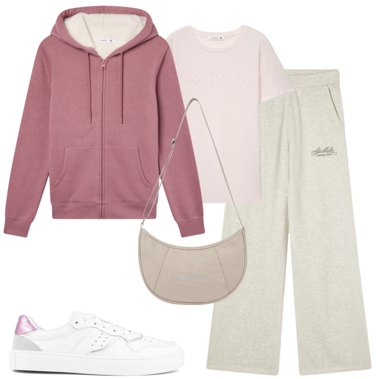 Outfit donna - Febbraio. Stile Casual per Tutti i giorni. Abbinamento con pantaloni, felpe con cappuccio, t-shirt, borse a spalla, sneakers.