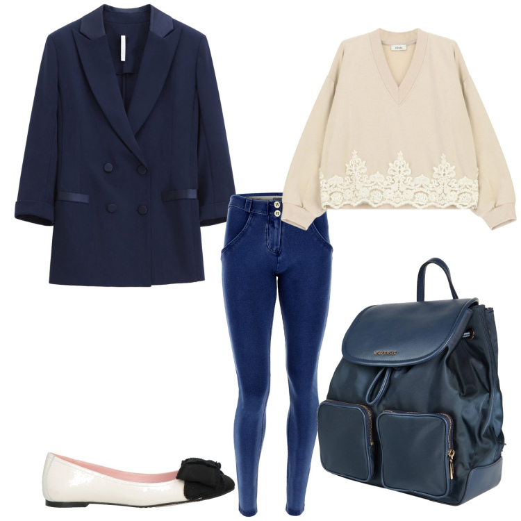 Outfit donna - Total look #2335853. Stile Casual chic per Tutti i giorni. Abbinamento con zaini, ballerine, blazer, felpe, jeggings.