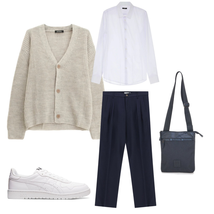 Outfit uomo - Nordic Essence & Navy Blue. Stile Urban per Tutti i giorni. Abbinamento con camicie, cardigans, pantaloni, portafogli, sneakers.