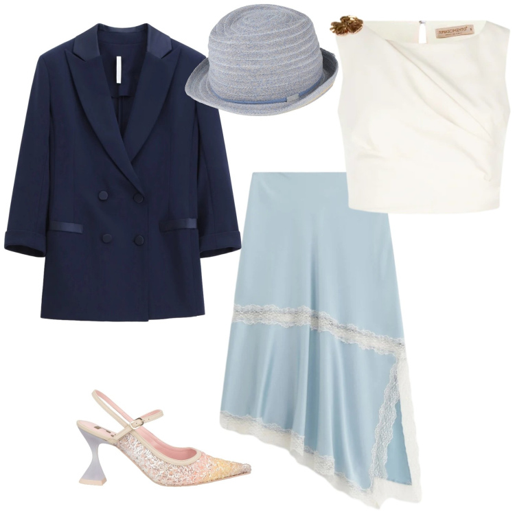 Outfit donna - Battesimo in primavera. per Cerimonia. Abbinamento con décolleté, cappelli, blazer, gonne longuette, top.
