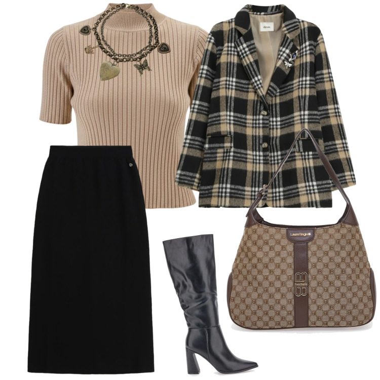 Outfit donna - Di giorno. per Tutti i giorni. Abbinamento con collane, blazer, pullovers, gonne lunghe, stivali, borse a spalla.