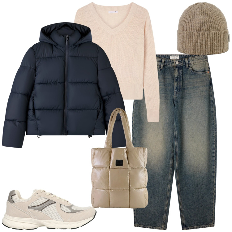 Outfit donna - Febbraio. Stile Casual per Tutti i giorni. Abbinamento con maglieria, jeans, bomber, sneakers, shopping bag, berretti.