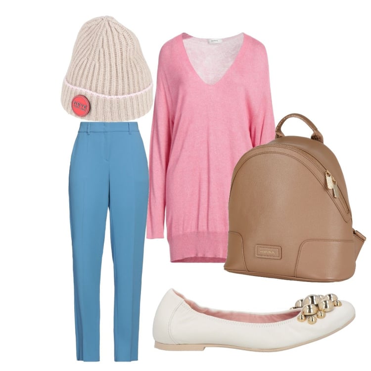 Outfit donna - Colori Pastello curvy. Stile Trendy per Tutti i giorni. Abbinamento con zaini, pullovers, cappelli, pantaloni, ballerine.