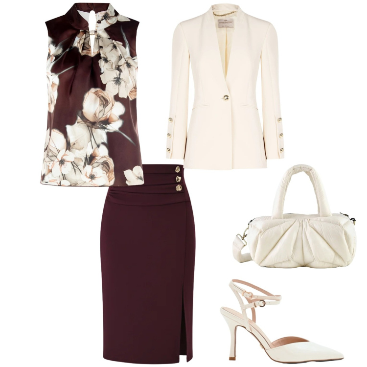 Outfit donna - Elegance. Stile Chic per Cerimonia. Abbinamento con blazer, top, gonne longuette, décolleté, borse a mano.