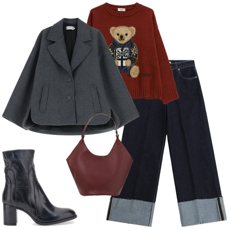 Outfit donna - Febbraio. Stile Casual chic per Tutti i giorni. Abbinamento con jeans, borse a spalla, maglieria, blazer, stivaletti.