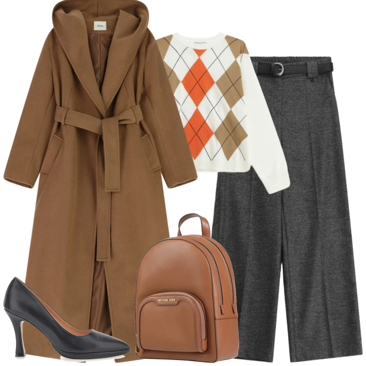 Outfit donna - City. Stile Urban per Tutti i giorni. Abbinamento con zaini, cappotti, pantaloni a palazzo, maglieria, décolleté.