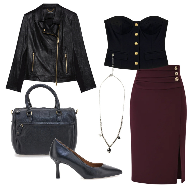 Outfit donna - Dark Romance. Stile Rock per Serata fuori. Abbinamento con gonne longuette, top, ciondoli, décolleté, blazer, borse a tracolla.