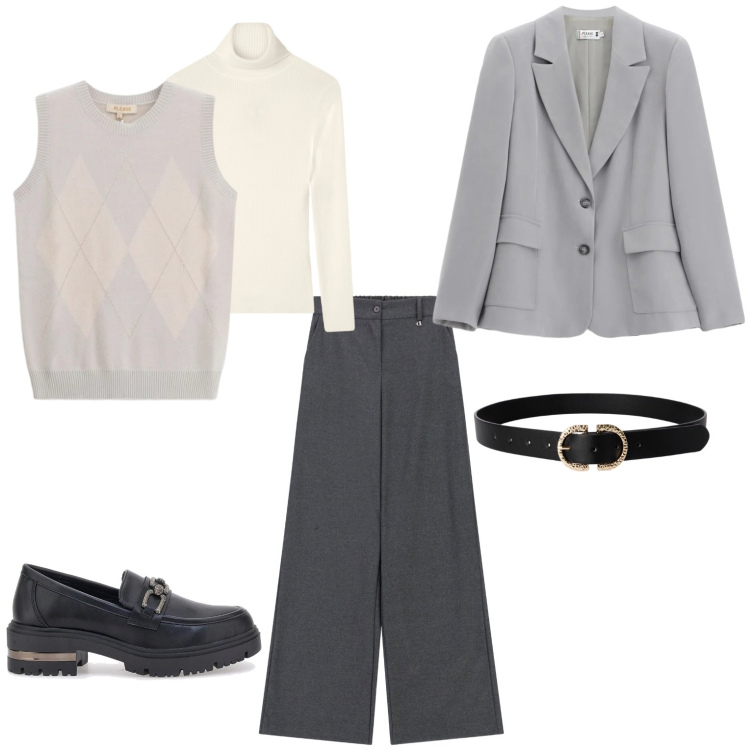 Outfit donna - Ufficio. Stile Casual per Ufficio. Abbinamento con pantaloni a palazzo, cinture, maglieria, blazer, maglieria, mocassini.