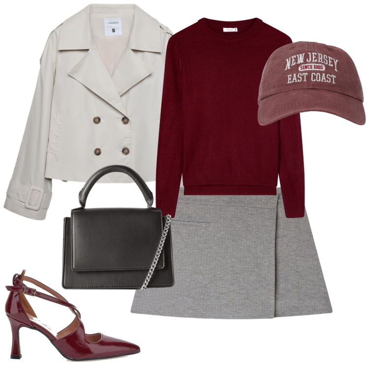 Outfit donna - City. Stile Casual chic per Tutti i giorni. Abbinamento con caban, borse a tracolla, cappelli con visiera, gonne, maglieria, décolleté.