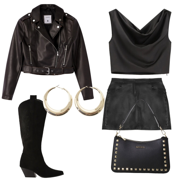 Outfit donna - Evening and I. Stile Rock per Serata fuori. Abbinamento con top, pochette, stivali, orecchini, giacche, minigonne.