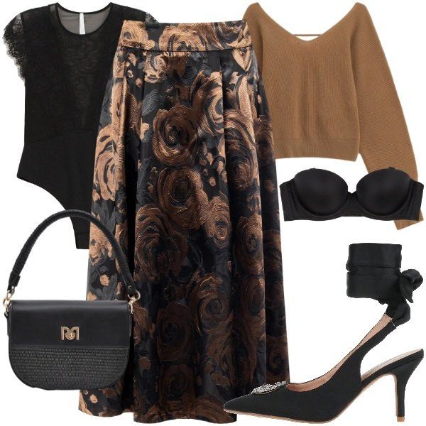 Outfit donna - Chocolate Bronze - Curvy. Stile Romantica per Serata fuori. Abbinamento con décolleté, body, maglieria, gonne longuette, reggiseni, borse a spalla.