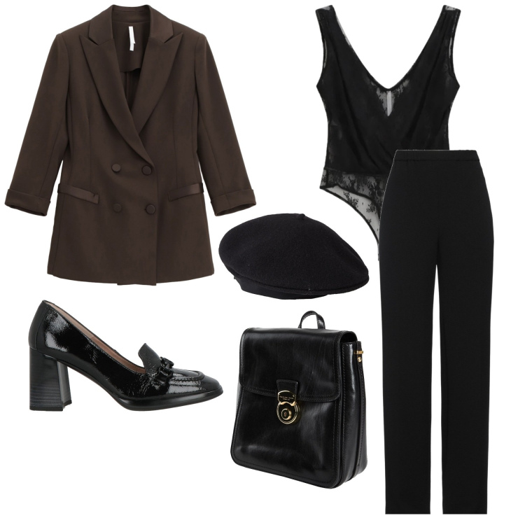 Outfit donna - Eleganza serale. Stile Rock per Serata fuori. Abbinamento con pantaloni, zaini, cappelli e berretti, mocassini, blazer, top.