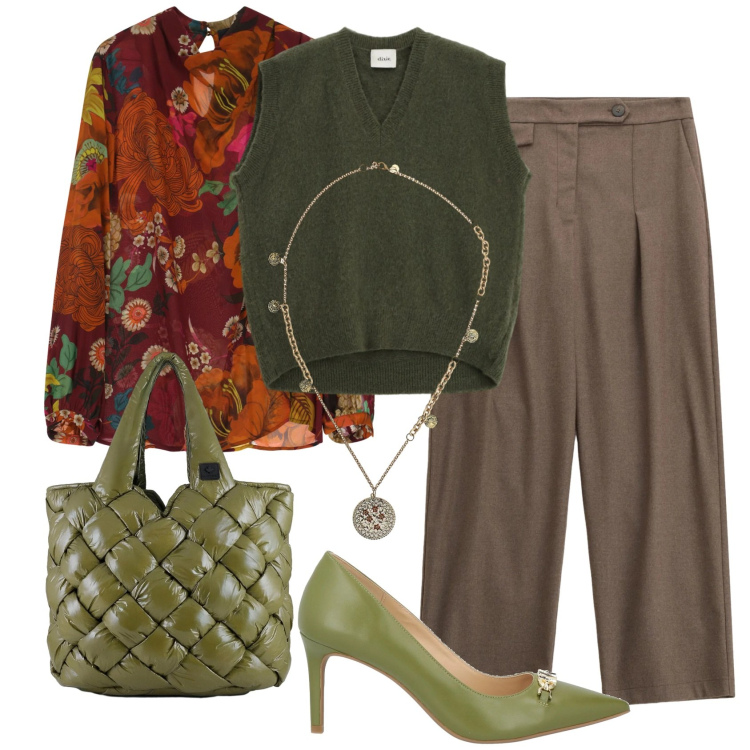 Outfit donna - Il verde in nuance. Stile Glamour per Tutti i giorni. Abbinamento con décolleté, camicie, maglieria, ciondoli, pantaloni, borse tote.