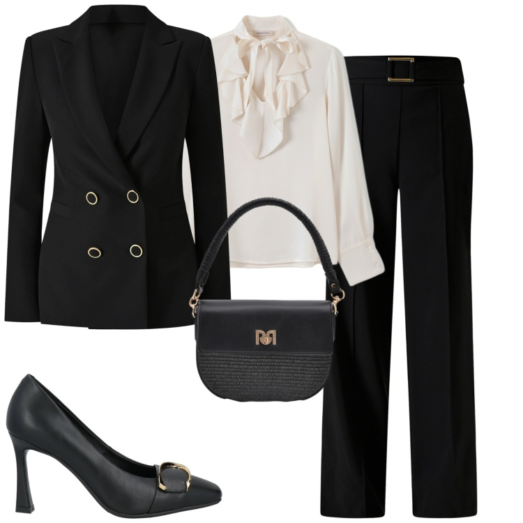 Outfit donna - Timeless. Stile Chic per Tutti i giorni. Abbinamento con décolleté, pantaloni, blazer, bluse, borse a spalla.