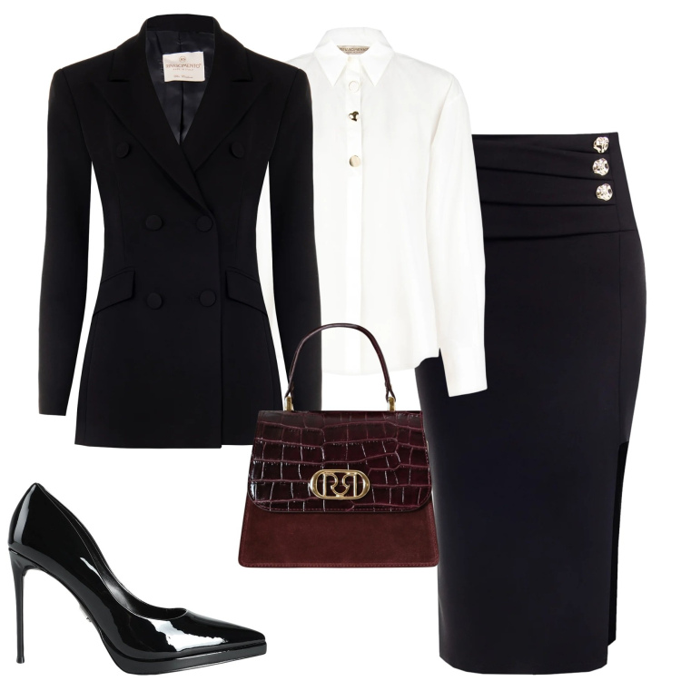 Outfit donna - Formale. Stile Chic per Tutti i giorni. Abbinamento con décolleté, blazer, gonne longuette, camicie, borse a mano.