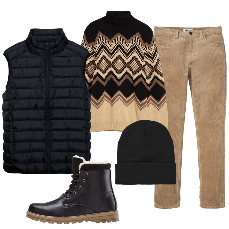 Outfit uomo - Total look #2335965. Stile Casual per Tutti i giorni. Abbinamento con stivali e stivaletti, pantaloni, maglieria, berretti, piumini.