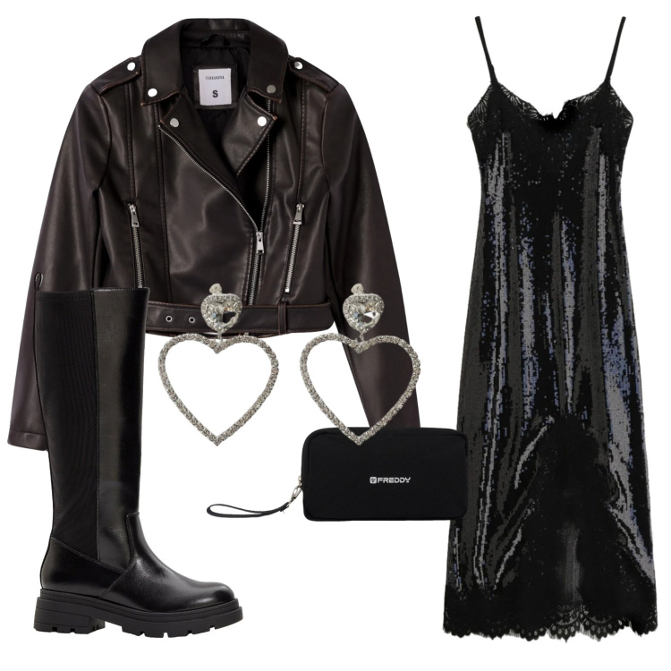 Outfit donna - Cattive ragazze con cuori romantici. Stile Rock per Serata fuori. Abbinamento con stivali, orecchini, vestiti midi/longuette, giacche, valigie.