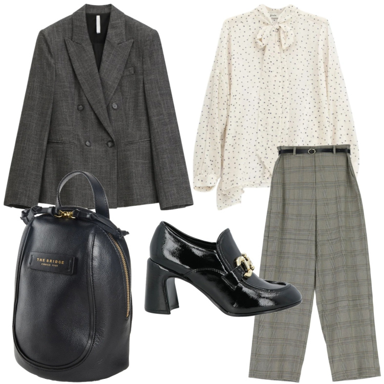 Outfit donna - Passione pois. Stile Chic per Ufficio. Abbinamento con zaini, mocassini, blazer, pantaloni a palazzo, camicie.