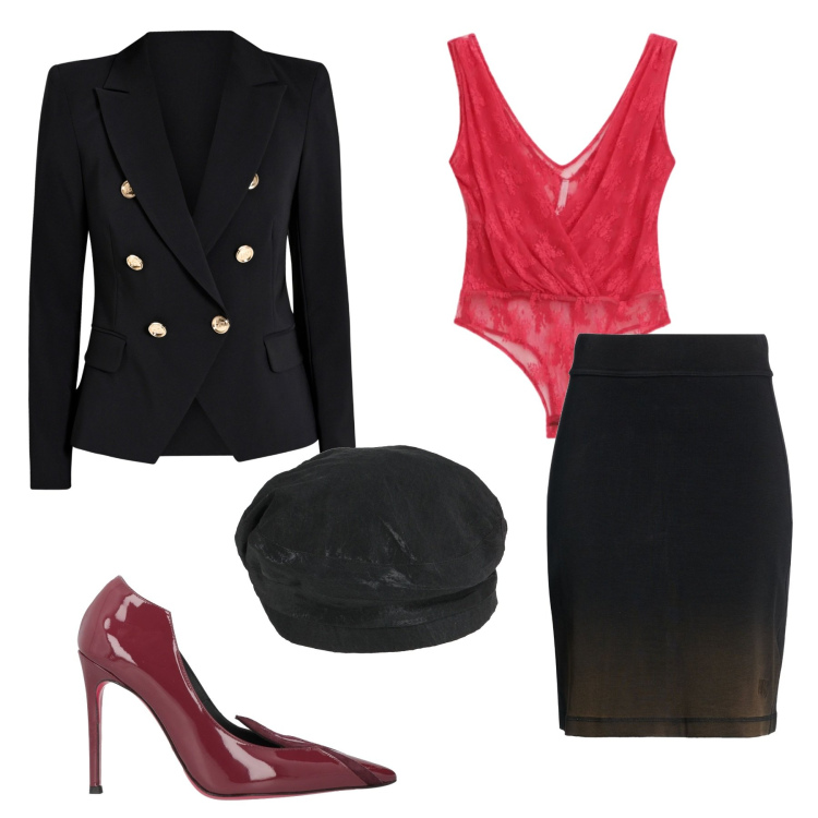 Outfit donna - Nuit rouge. Stile Rock per Serata fuori. Abbinamento con minigonne, cappelli e berretti, décolleté, body, blazer.