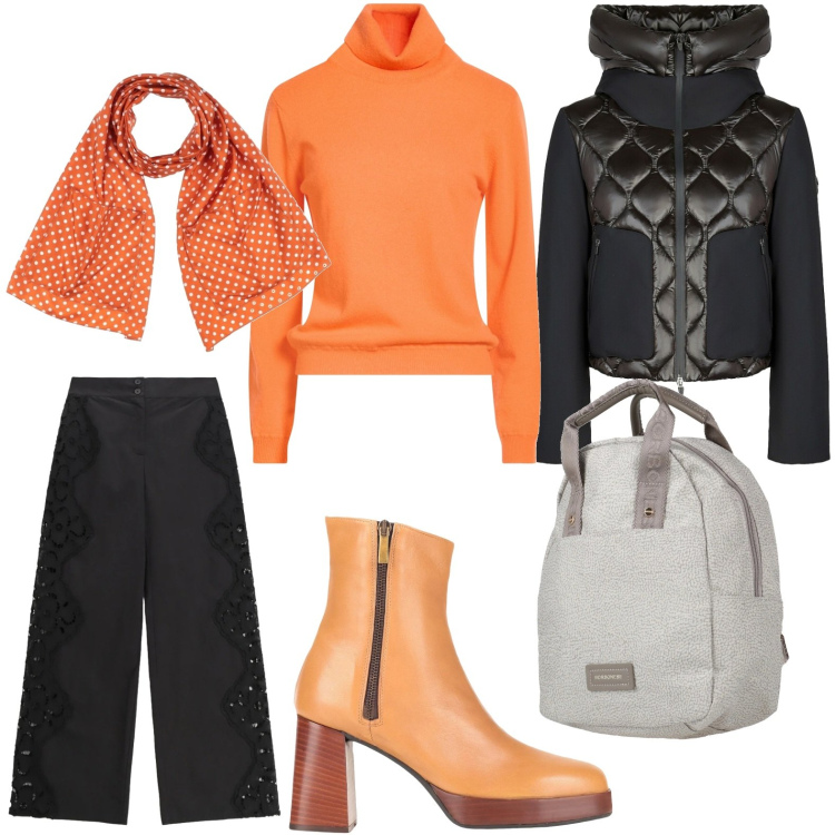 Outfit donna - Arancio vitaminico. Stile Minimal per Tutti i giorni. Abbinamento con stivaletti, sciarpe, maglieria, zaini, pantaloni a palazzo, piumini.